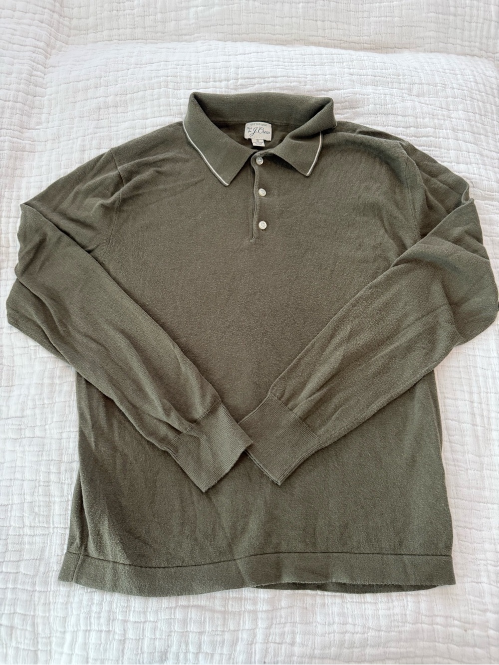 J.Crew Long Sleeve Polo Sweater Cotton Silk in Olive Green EUC G000